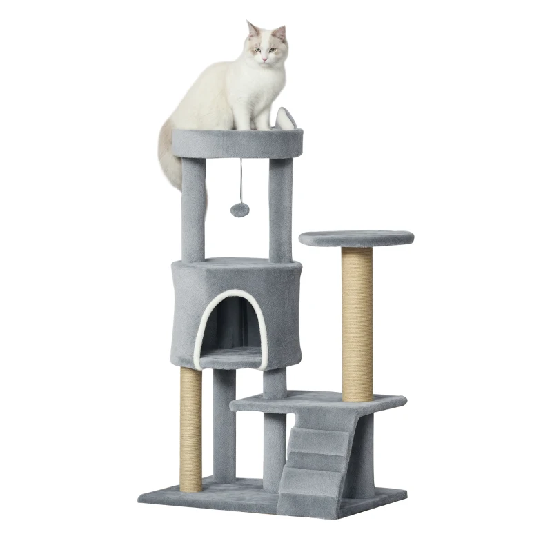 PawHut Albero Tiragraffi per Gatti con Trespolo, Casetta, Rampa e Pallina, in Legno e Peluche, 60x40x100 cm, Grigio Chiaro