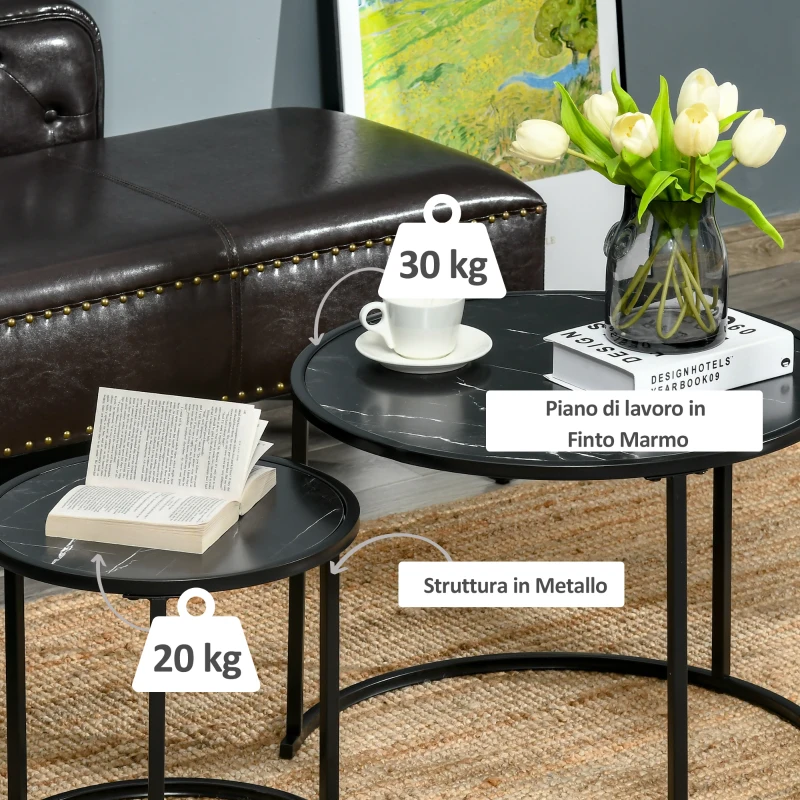 HOMCOM Set di 2 Tavolini da Salotto Rotondi Impilabili in Acciaio ed Effetto Marmo, Nero