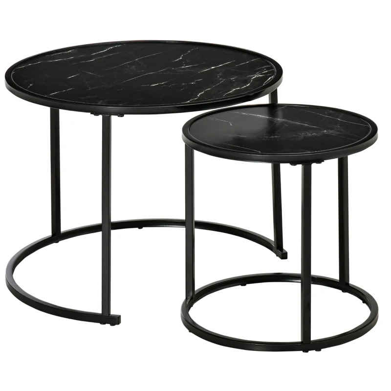 HOMCOM Juego de 2 Mesas Auxiliares Redondas Apilables Mesas Nidos con Encimera en Efecto de Mármol Ø60x46 cm y Ø40x40 cm Negro