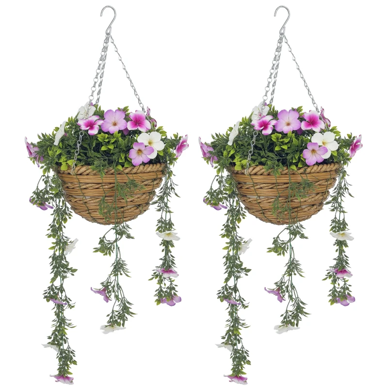 HOMCOM Set of 2 Decorative Artificial Plants, Faux Silk Azalea Flowers in Hanging Baskets, Fake Plants for Home Indoor Outdoor Decor, Pink and White