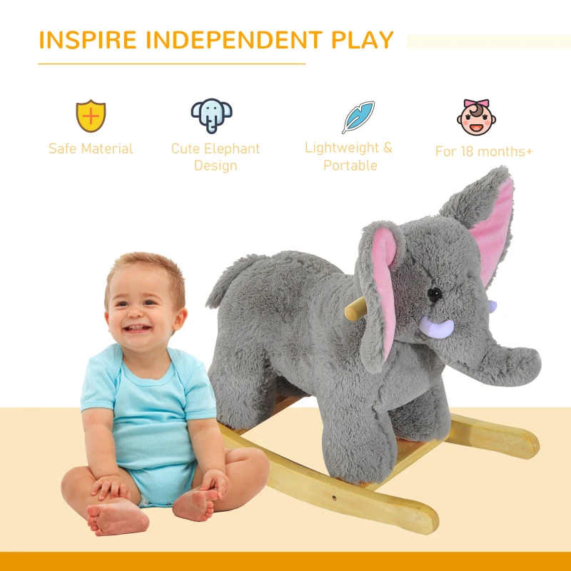 HOMCOM Kids Children Rocking Horse Plush Ride on Animal Wooden Riding Rocker Gift w/32 nursery rhymes (Grey Elephant)