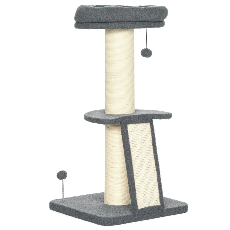 PawHut Torre per Gatti Tiragraffi con Palline e Posatoi, in Truciolato, Sisal e Finto Vello d'Agnello, 48x48x92 cm