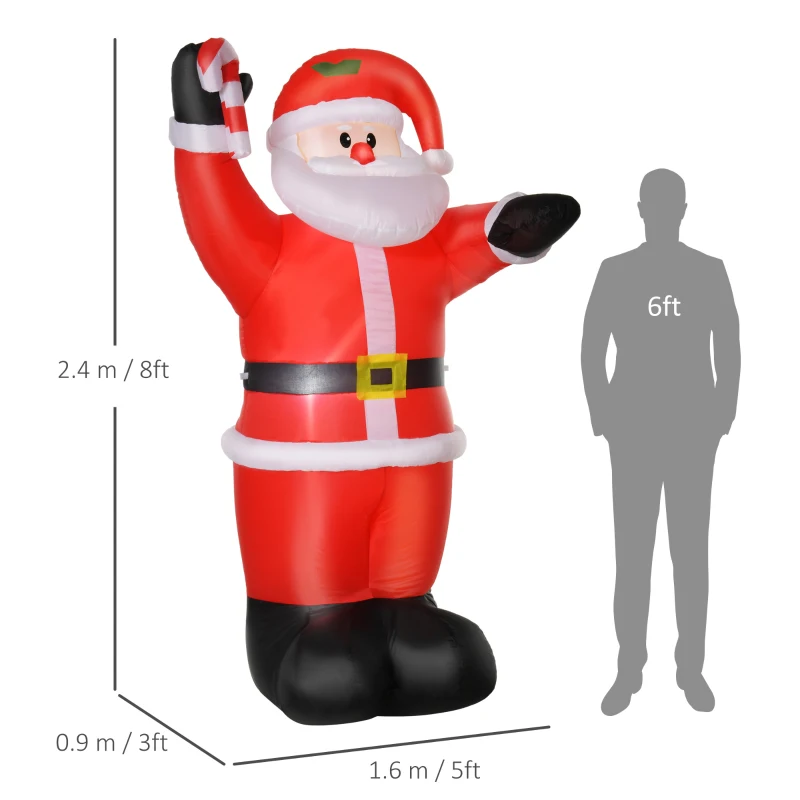 HOMCOM Gonfiabile Decorazione Natalizia, Babbo Natale da 2,4 m con Illuminazione a LED, Bastone Dolce