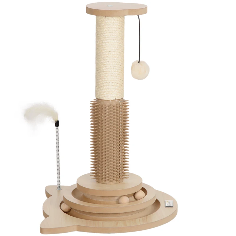 PawHut Rascador para Gatos 49 cm con Poste de Sisal Cepillo Carril Giratorio con Bolas Pluma Elástica y Bola de Juguete Roble