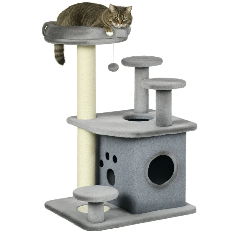 PawHut Albero Tiragraffi per Gatti con Lettino e Casetta in Peluche, Pali in Sisal, 60x48x92 cm, Grigio
