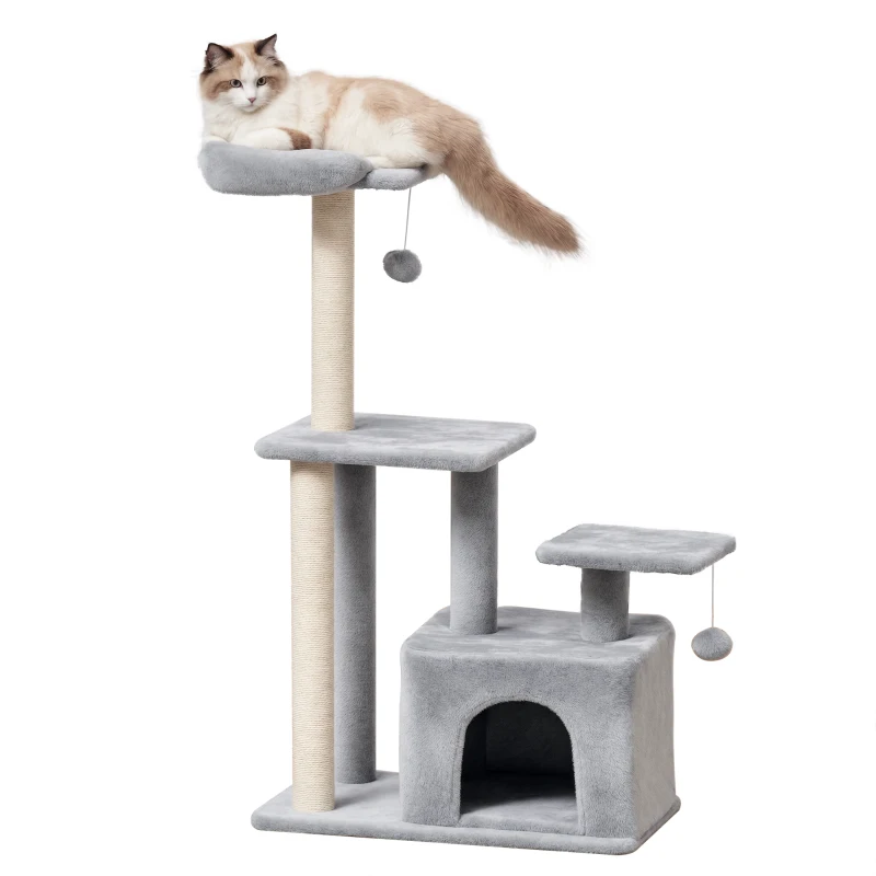 PawHut Árbol Rascador para Gatos Altura 114 cm con Postes de Sisal 3 Plataformas Casita y 2 Bolas Colgantes Gris Claro