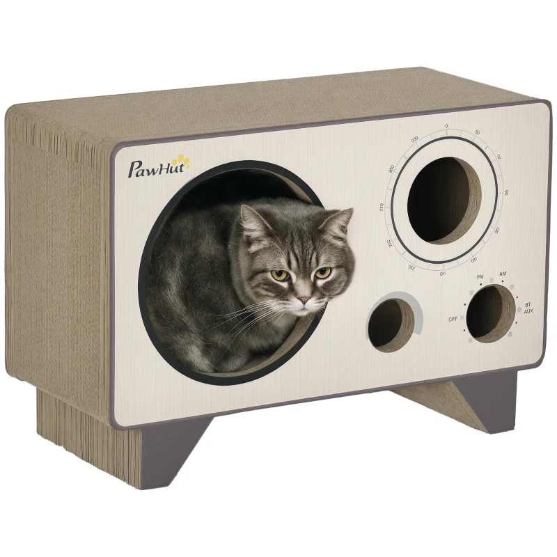 PawHut Griffoir pour chat en forme de radio avec herbe à chat, maison 2 en 1 carton ondulé pour chat chaton 57 x 24,5 x 39 cm