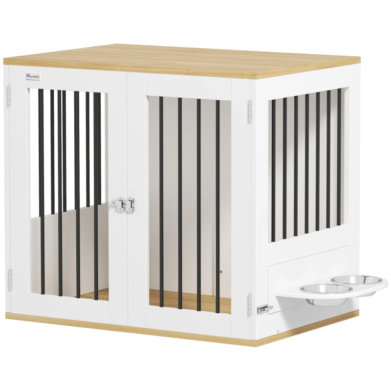 PawHut Gabbia per cani, tavolino, ciotole rimovibili girevoli a 360°, 2 porte per cani di taglia media 80x55x71,5cm bianco
