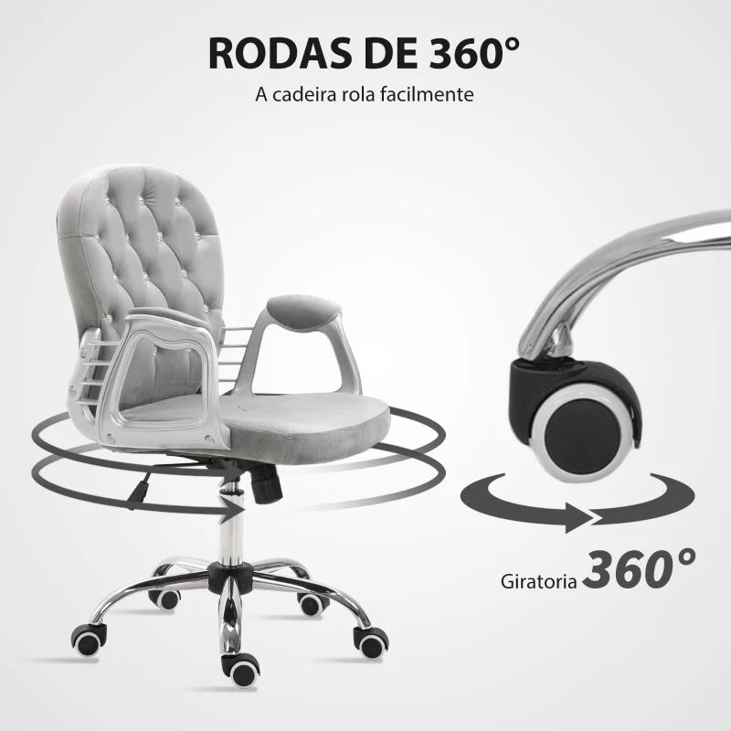 Vinsetto Cadeira de Escritório Estofada em Veludo Cadeira Giratória com Altura Ajustável e Decorações de Cristal 59,5x60,5x95-105 cm Cinzenta