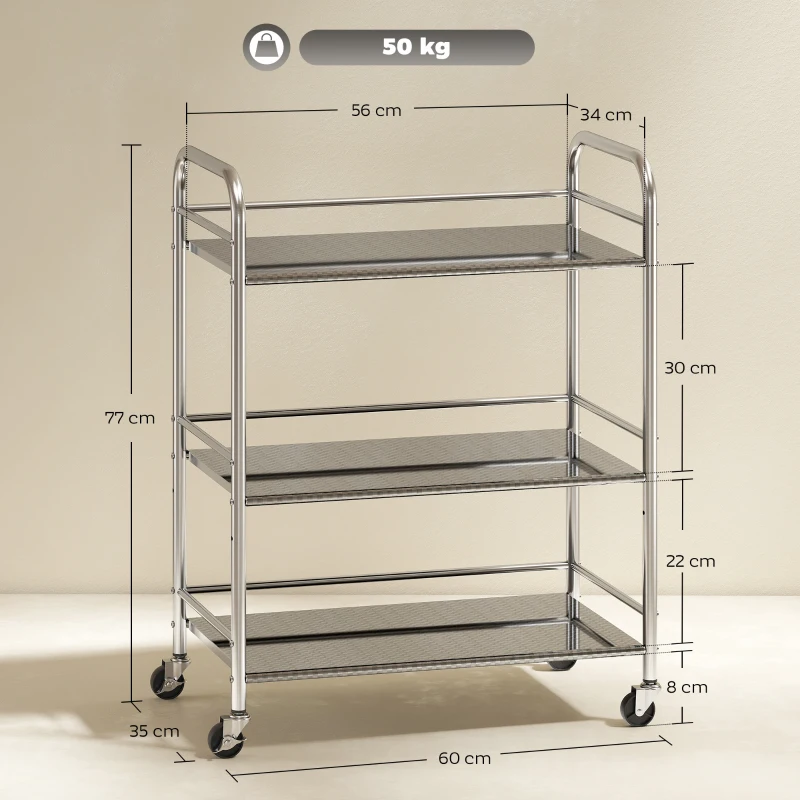 HOMCOM Carrito Auxiliar con Ruedas de Acero Inoxidable Carro de Servicio de 3 Niveles con Estante Ajustable 60x35x77 cm Plata