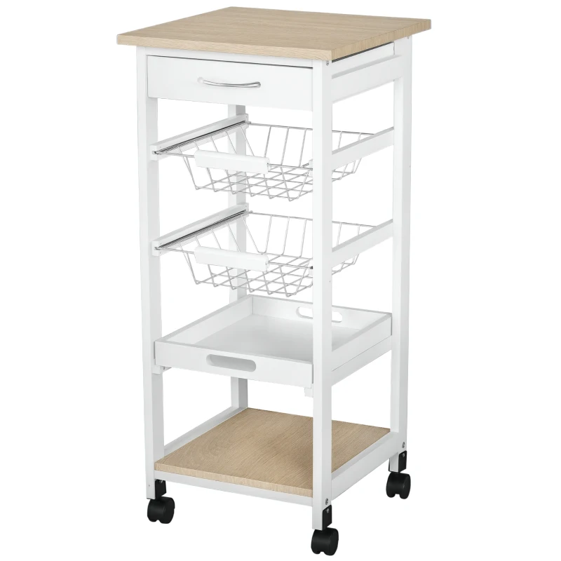 HOMCOM Mobile Rolling Kitchen Island Trolley for Home w/ Metal Baskets Trays Shelves Wheels Compact Stylish Storage White