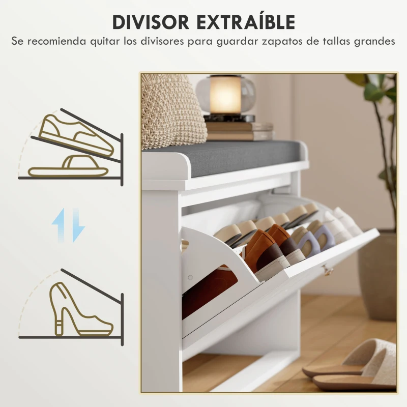 HOMCOM Mueble Zapatero con Banco con Estantes Ajustables y Cojín Acolchado para 8 Pares de Zapatos 80x26x48 cm Blanco