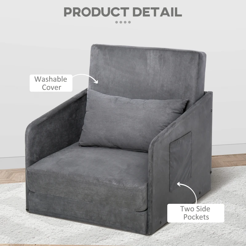HOMCOM Single Sofa Bed Fabric Armchair Bed Soft Floor Sleeper Lounger Futon Couch with Pillow and Pocket Grey