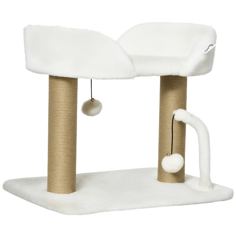 PawHut Arbre à chat grattoir design avec jeu 2 pompons suspendus 2 poteaux sisal plateforme peluche sisal 48 x 38 x 42 cm beige