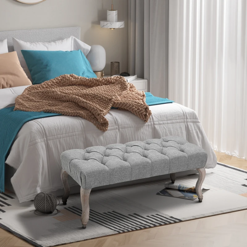 HOMCOM Upholstered Bench, Accent Window Seat, Tufted Bed End of Bench with Linen Fabric for Living Room, Bedroom, Hallway, Grey