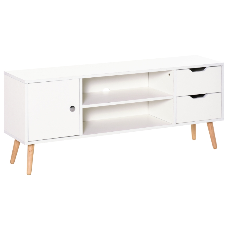 HOMCOM Meuble TV Banc TV Style scandinave Placard 2 niches 2 tiroirs Passe-Fils Panneaux Particules Blanc Bois pin