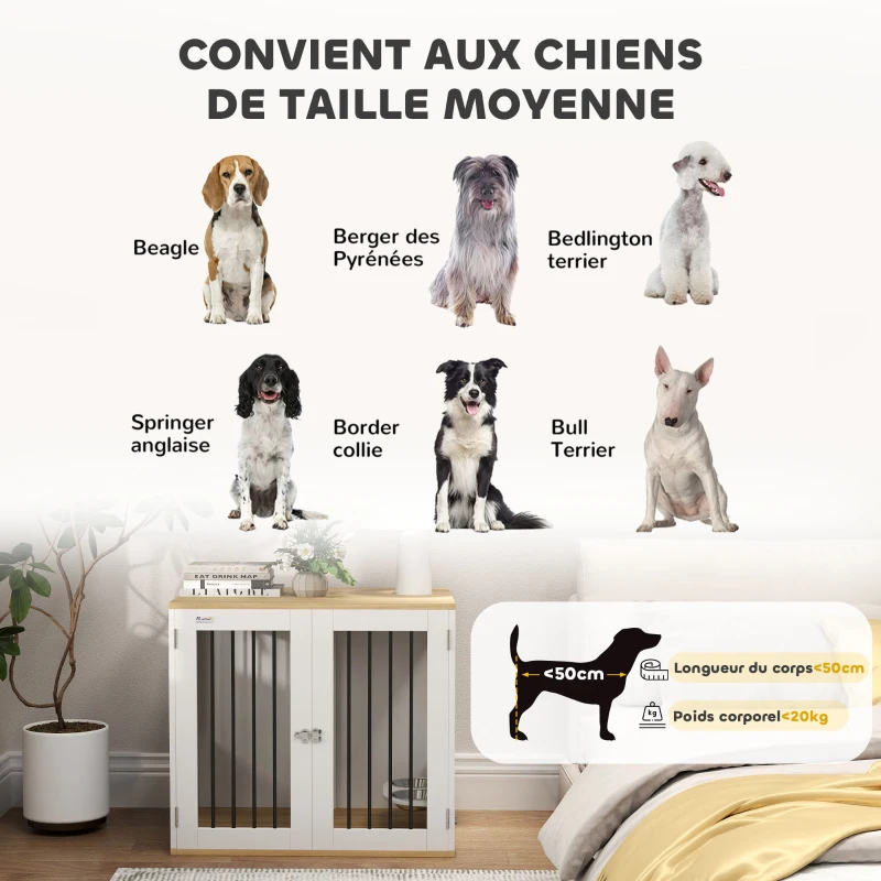 PawHut Cage pour chiens, table d'appoint, gamelles amovibles rotatives à 360° 2 portes pour chien moyenne 80x55x71,5cm blanc