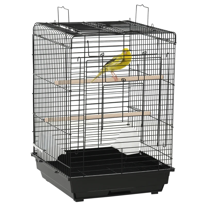 PawHut Gaiola para Pássaros com Teto Abatível 2 Poleiros 2 Comedouros e Bandeja Amovível para Canários Periquitos 40x40x59 cm Preto