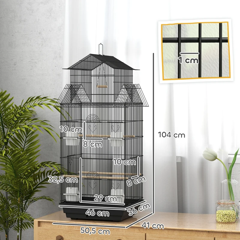 PawHut Cage à oiseaux volière avec balançoire poignée portable 4 mangeoires 3 perchoirs 50,5 x 41 x 104 cm en acier noir