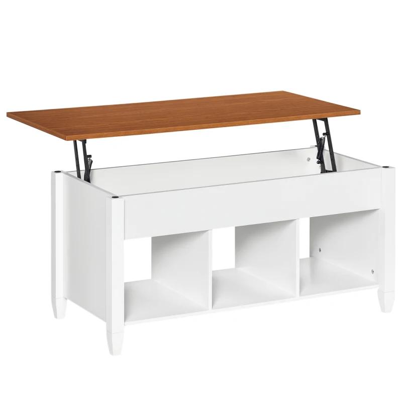 HOMCOM Mesa de Centro Elevable Mesa de Café con 3 Compartimentos Abiertos Mesa Rectangular Moderna para Salón Comedor 105x50x48-61,5 cm Blanco y Marrón