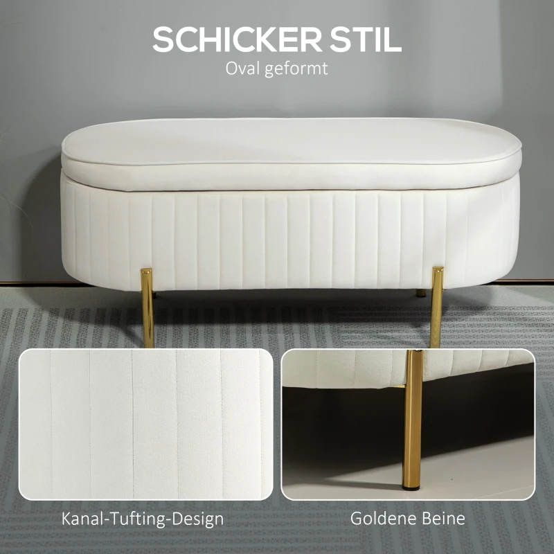 HOMCOM Sitzbank mit Klappdeckel und Stauraum, Stoffbezug, Metall, Cremeweiß+Golden(m-5)