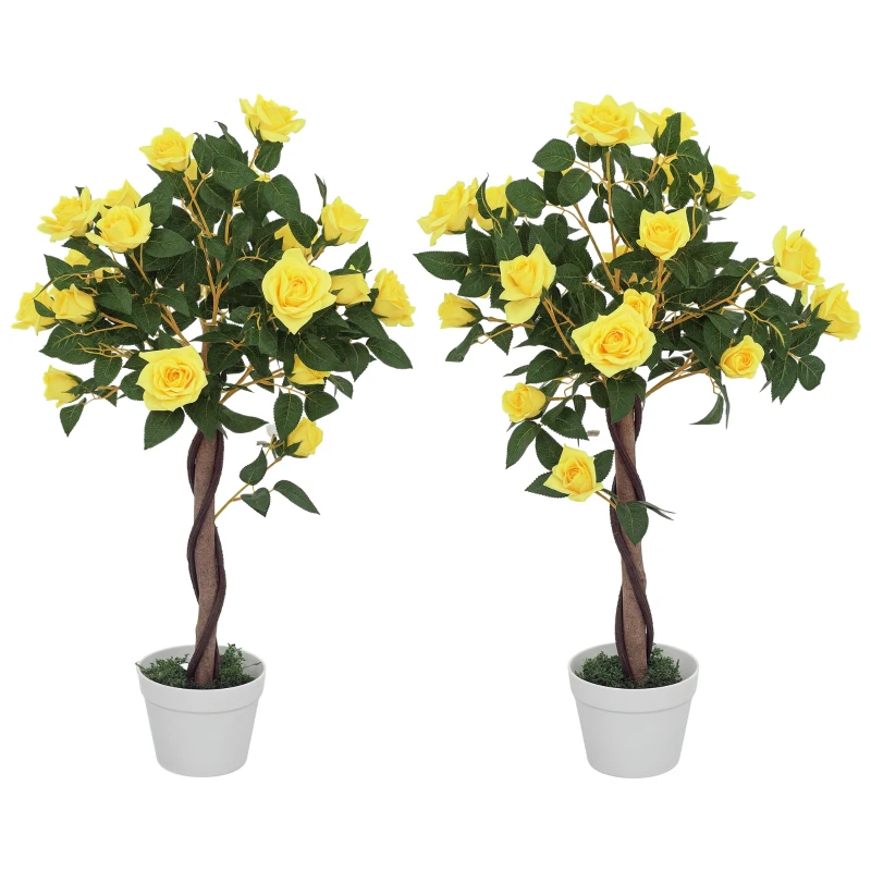 Outsunny Set of 2 Artificial Plants White Rose Floral in Pot, Fake Plants for Home Indoor Decor, 90cm, Yellow
