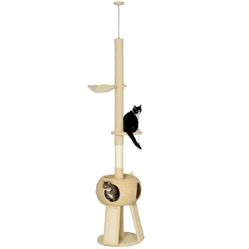 PawHut 255cm Cat Tree Tower for Indoor Cats, with Scratching Post, Cat House, Platform - Beige