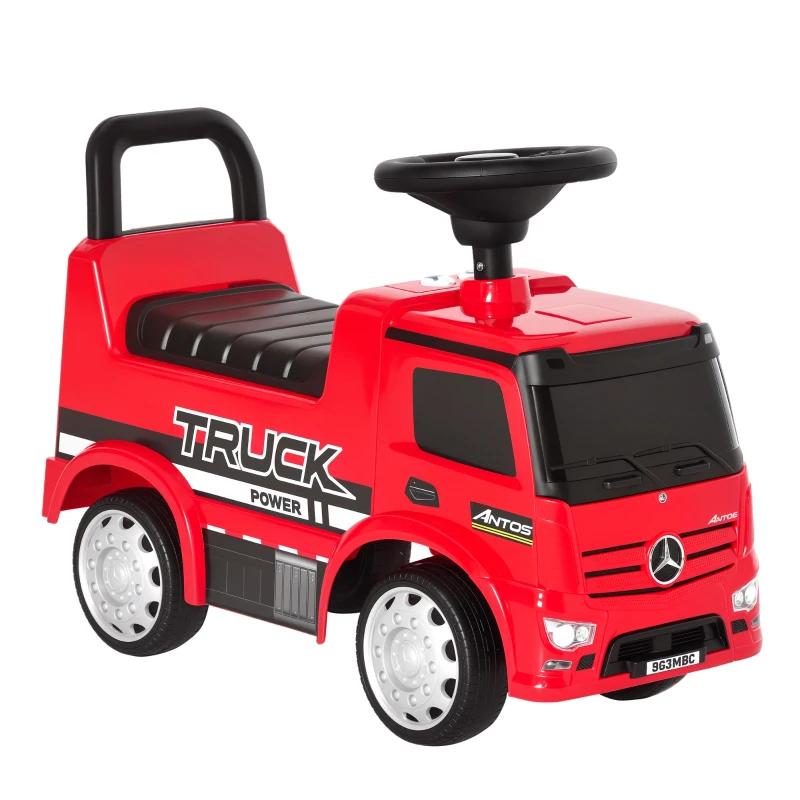 HOMCOM Rutscherfahrzeug Rutscherauto Babyrutscher Kinderfahrzeug lizenziert von Mercedes ANTOS-LKW-Stil mit Licht für Kinder von 12 bis 36 Monaten Metall PP-Kunststoff Rot+Schwarz 62,5x28,5x45cm
