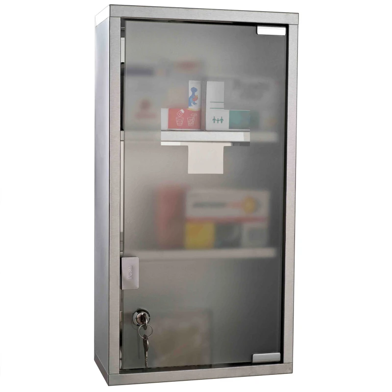 HOMCOM Wall Mounted Medicine Cabinet, Stainless Steel Bathroom Storage Cabinet with 2 Shelves, Glass Door Lockable