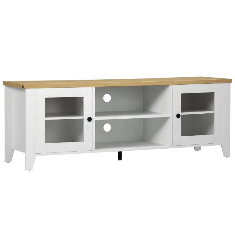 HOMCOM Meuble banc TV rangement avec 2 portes et 2 niches 140 x 39,5 x 50 cm - passe-câbles - en MDF - blanc