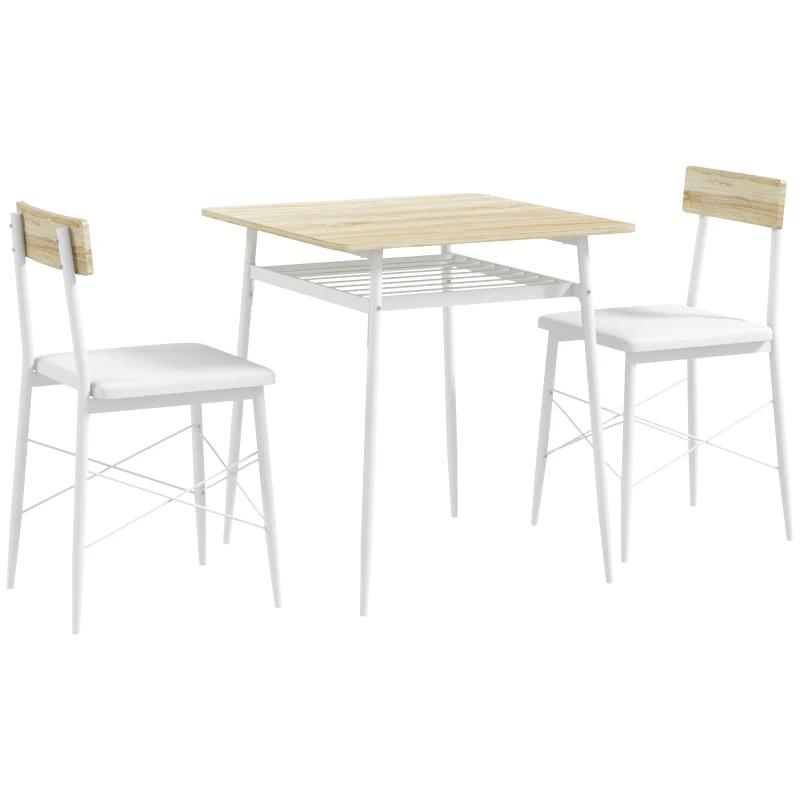 HOMCOM Conjunto de Mesa y Sillas de Comedor de 3 Piezas con Estante Abierto Estructura de Acero Blanco y Roble