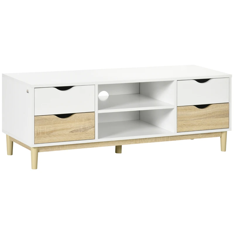 HOMCOM Mueble TV de Salón Mesa para Televisores de hasta 55" con Estantes y 4 Cajones 120x40x44,5 cm Blanco y Roble