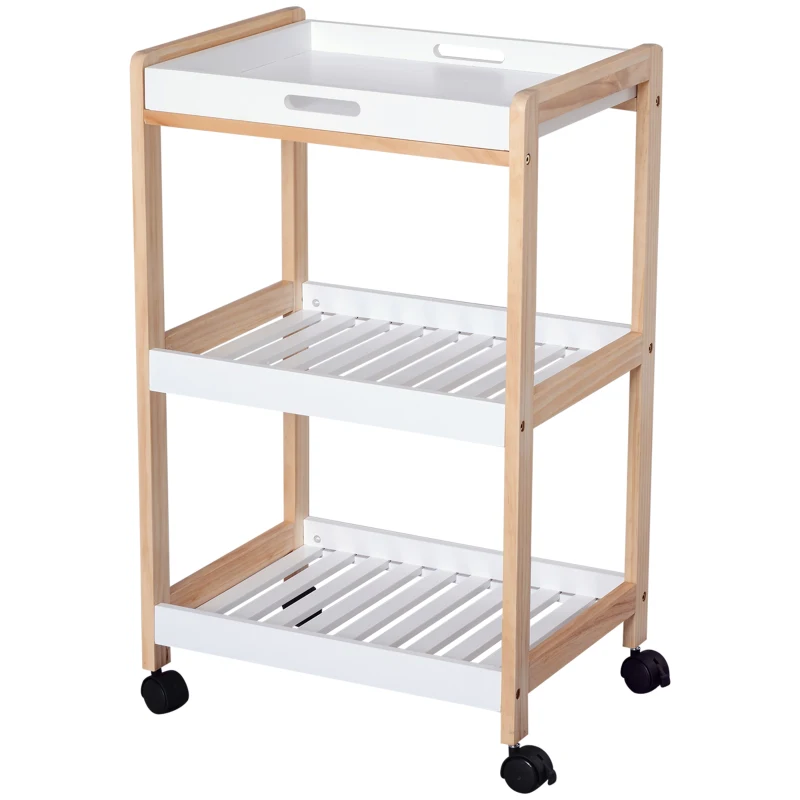 HOMCOM 3-Tier Rolling Kitchen Cart, Utility Trolley, Removable Tray, Slatted Storage Shelves Rack, White