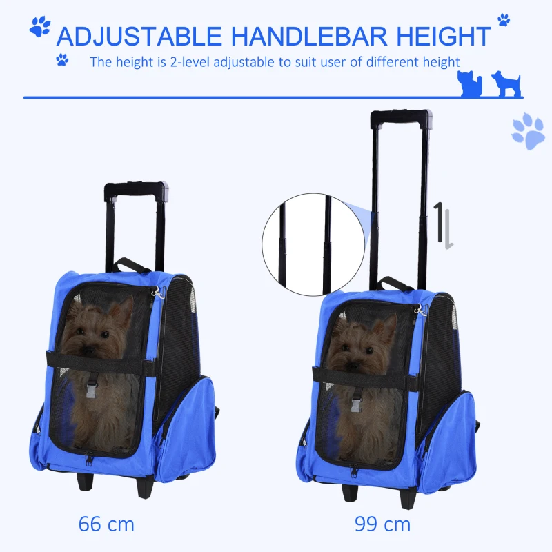 PawHut Pet Carrier on Wheels, 2 in 1 Pet Backpack Cat Puppy Dog Carrier w/ Telescopic Handle for Travel, Blue