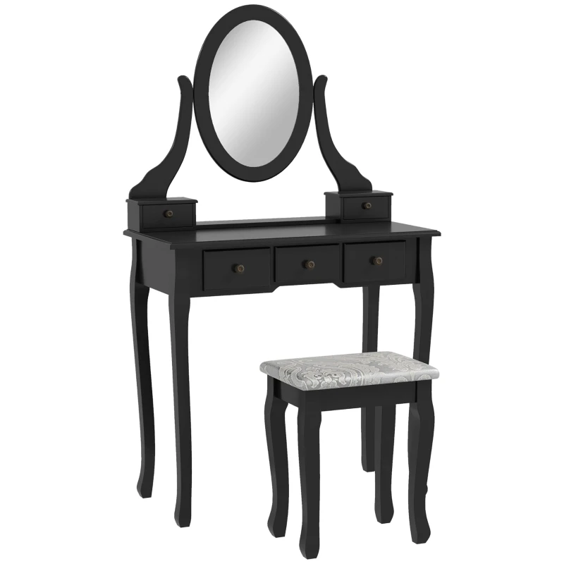 Tocador + Taburete y Espejo Mesa Maquillaje 5 Cajones Blanco Negro Mesa MDF NUE (Negro)