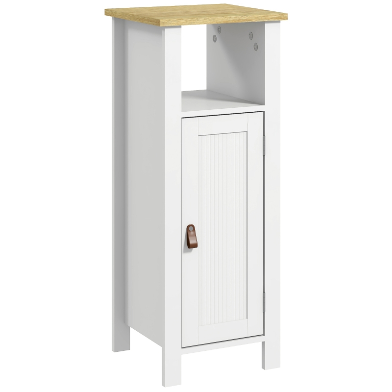 kleankin Meuble de salle de bain sur pied avec placard à 2 niveaux étagère réglable poignées en similicuir 32 x 30 x 80 cm blanc