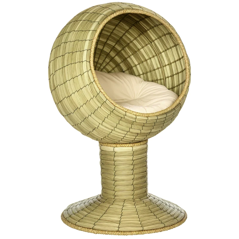 PawHut Raised Detachable Cat house, Natural Mat Grass Cat Bed, with Cushion