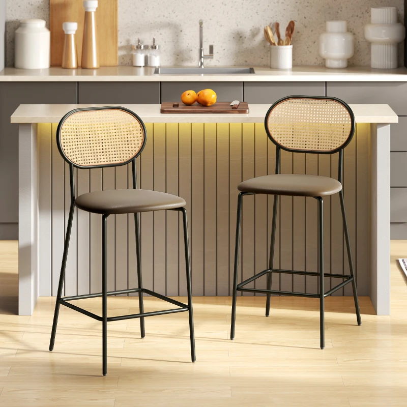 HOMCOM Set di 2 Sgabelli da Cucina con Schienale in Rattan Seduta in PU Struttura in Acciaio e Poggiapiedi Marrone