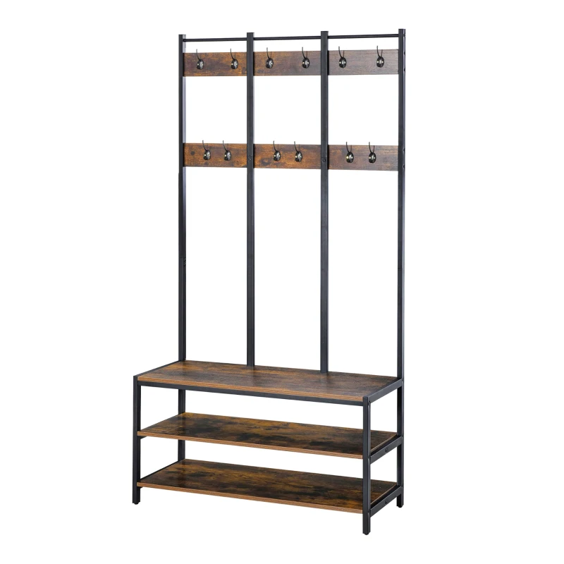 HOMCOM Coat Rack Stand, Free Standing Hall Tree, Coat Stand with Hooks, Bench and Shoe Rack, 100cm x 38.5cm x 185.5cm, Industrial Style, Rustic Brown and Black