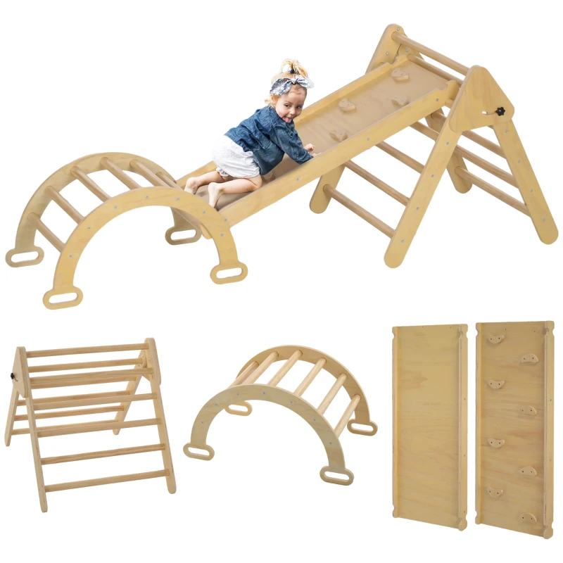 AIYAPLAY Struttura per Arrampicata per Bambini 5 in 1 in Legno, Pieghevole, con Rampa e Arco, 178x64,5x63 cm Legno Naturale