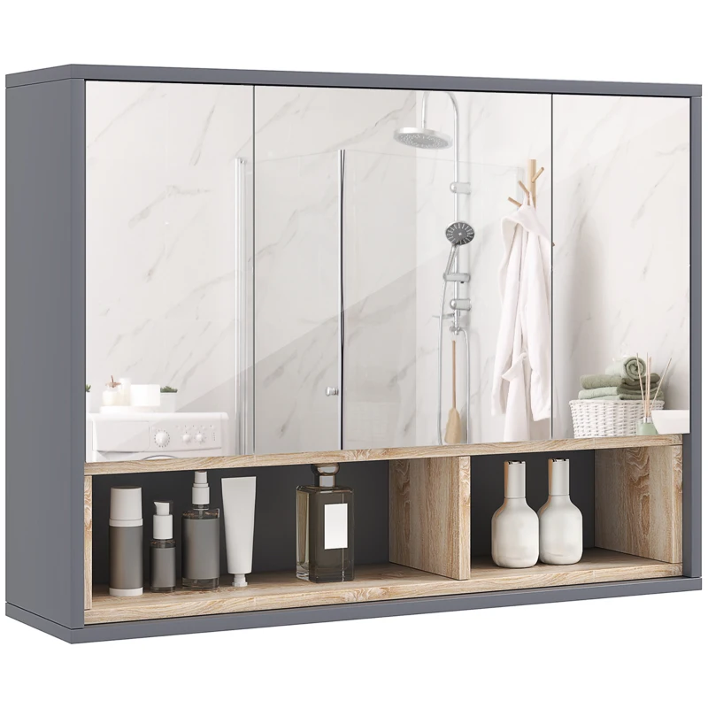 HOMCOM Meuble salle de bain avec miroir, armoire toilettes murale avec placards à 3 portes et 8 compartiments, gris(m-10)