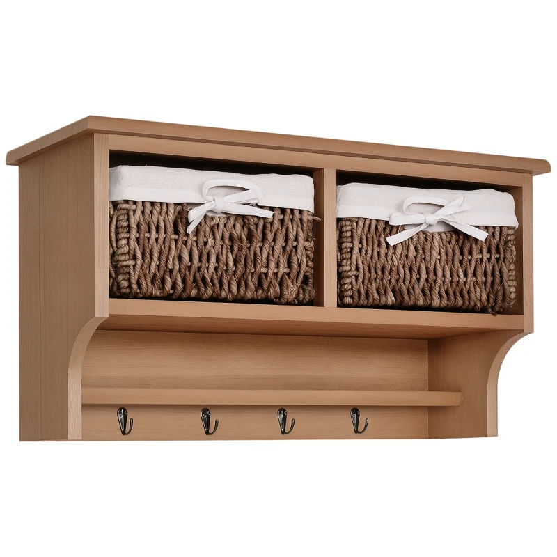 HOMCOM Entryway Coat Rack Wall Mounted Shelf w/ 2 Corn Husk Baskets and Hooks, Brown