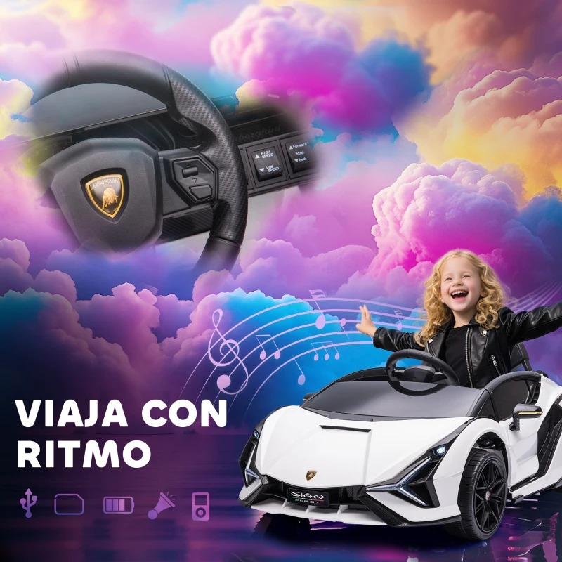 HOMCOM Coche Eléctrico Lamborghini SIAN 12V para Niños de +3 Años con Mando a Distancia Música MP3 USB 108x62x40 cm Blanco