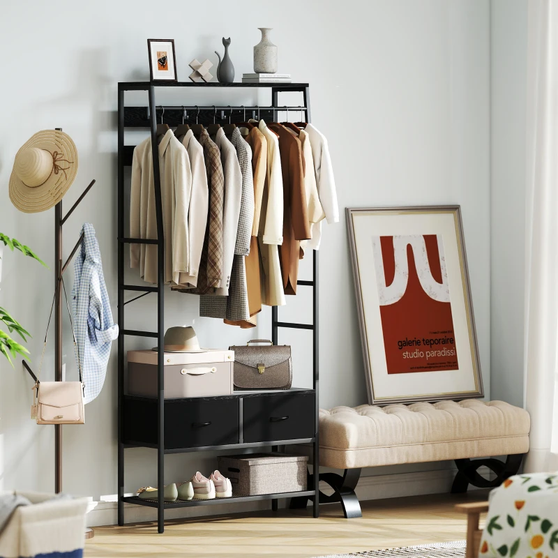 HOMCOM Portant à vêtements industriel avec 2 tiroirs en tissu, étagère, 8 crochets et cadre en acier, 80 x 30 x 180,5 cm, noir