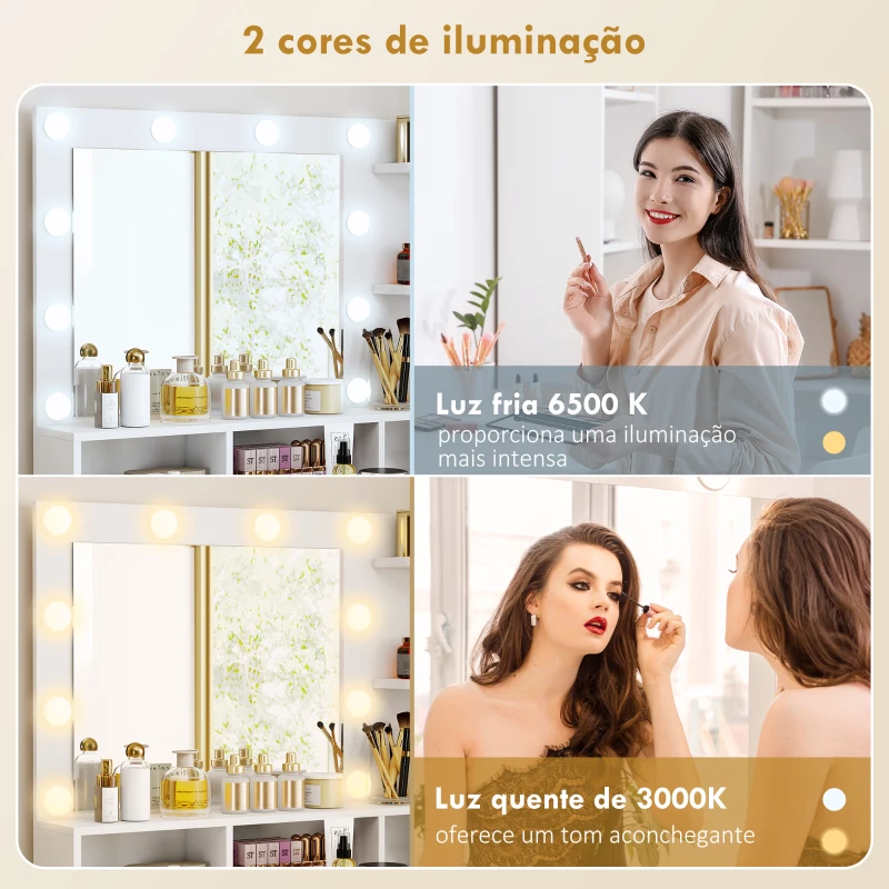 HOMCOM Toucador de Maquilhagem com Luzes LED Banco Espelho 3 Cores 10 Lâmpadas Gaveta Prateleiras e Compartimentos Branco