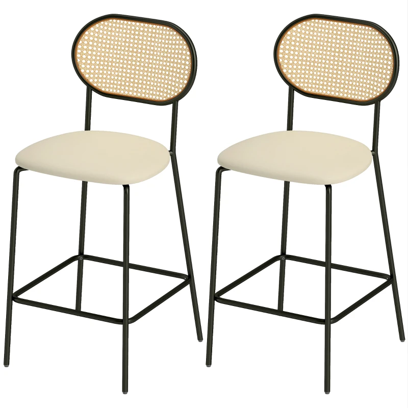 HOMCOM Set di 2 Sgabelli Alti da Cucina con Schienale in Rattan Seduta in PU Struttura in Acciaio e Poggiapiedi Beige