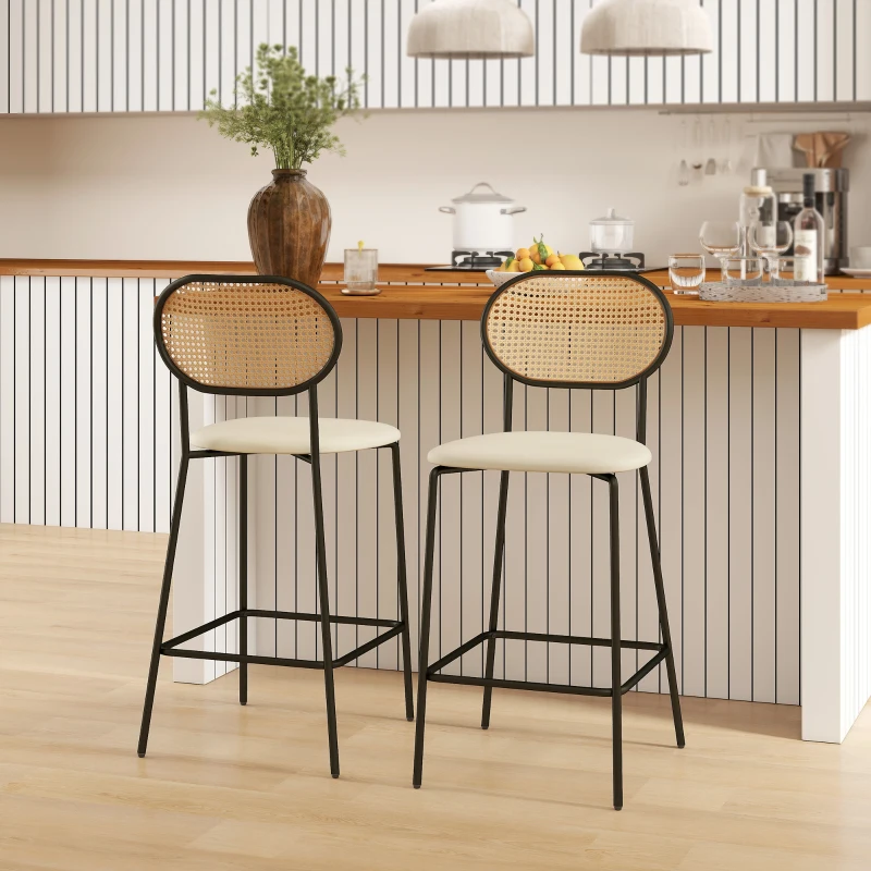 HOMCOM Set di 2 Sgabelli Alti da Cucina con Schienale in Rattan Seduta in PU Struttura in Acciaio e Poggiapiedi Beige