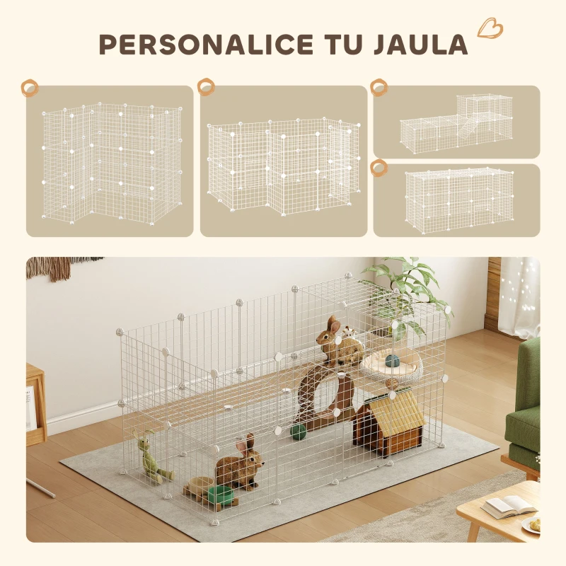 PawHut Jaula para Animales Pequeños Valla Metálica Modular para Mascotas con Puerta Rampa y Paneles de ABS 146x73x73 cm Blanco