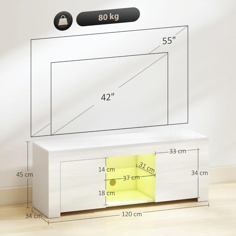 HOMCOM Mueble de TV con iluminación LED, 2 puertas de armario, estante de cristal, agujeros para cables, para sala de estar, aglomerado, Blanco