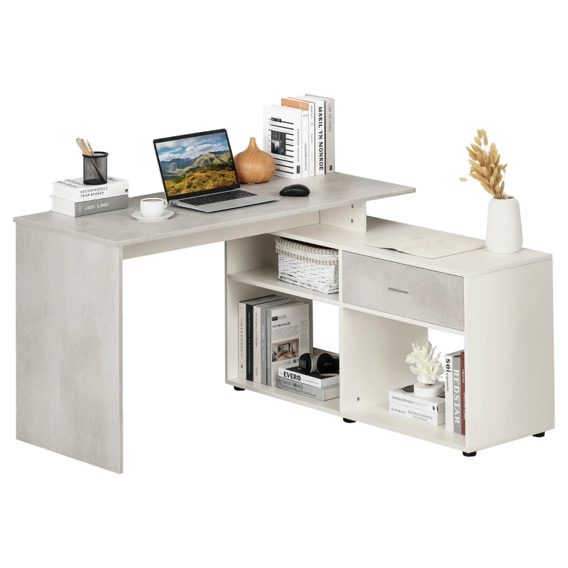 HOMCOM Corner Desk with Drawers and Shelves, L-Shaped Computer Desk Home Office Workstation Study Table, Grey and White